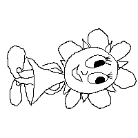 Pixel image of my wobbly
version of Sunny Funny. Recognisably the familiar
anthropomorphic sunflower, but only in black and white, and
quite wobbly shapes